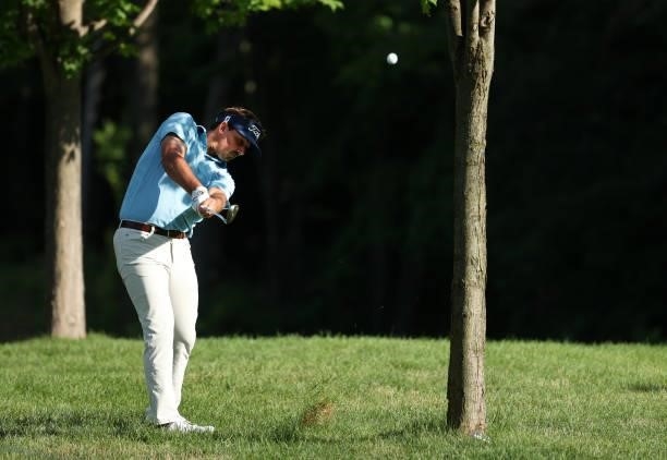 Hank Lebioda plays his second shot on the sixth hole during the first round of the John Deere Classic at TPC Deere Run on July 08, 2021 in Silvis,...