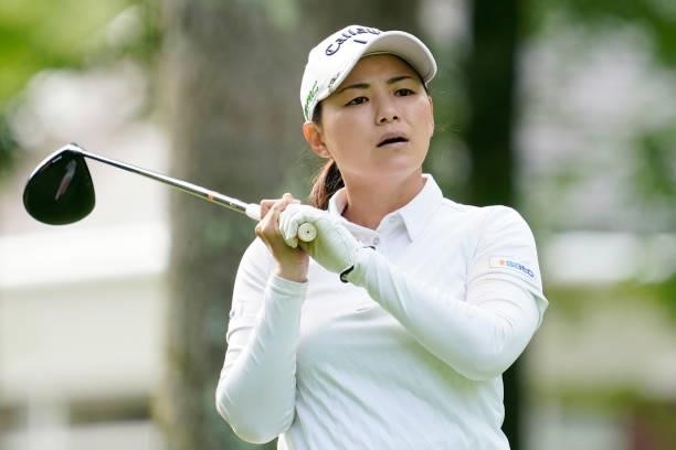 Sakura Yokomine of Japan hits her tee shot on the 1st hole during the second round of the Nipponham Ladies Classic at Katsura Golf Club on July 09,...