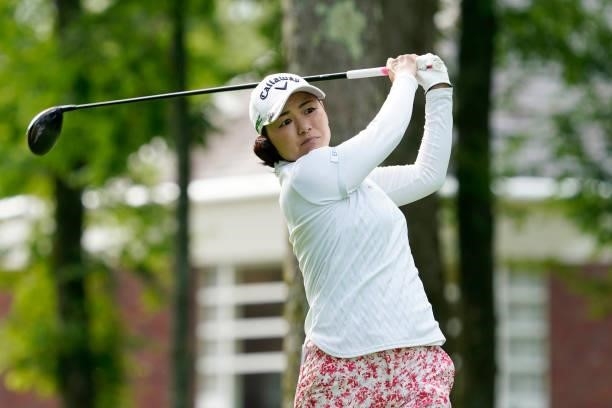 Sakura Yokomine of Japan hits her tee shot on the 1st hole during the second round of the Nipponham Ladies Classic at Katsura Golf Club on July 09,...