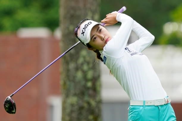 Yuka Yasuda of Japan hits her tee shot on the 1st hole during the second round of the Nipponham Ladies Classic at Katsura Golf Club on July 09, 2021...