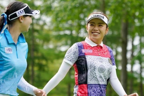 Maria Shinohara of Japan smiles during the second round of the Nipponham Ladies Classic at Katsura Golf Club on July 09, 2021 in Tomakomai, Hokkaido,...