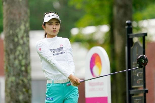 Yuka Yasuda of Japan hits her tee shot on the 1st hole during the second round of the Nipponham Ladies Classic at Katsura Golf Club on July 09, 2021...