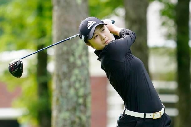 Haruka Morita of japan hits her tee shot on the 1st hole during the second round of the Nipponham Ladies Classic at Katsura Golf Club on July 09,...