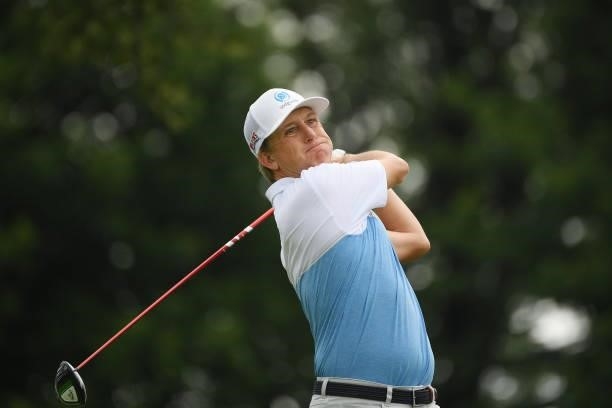 David Toms plays his shot from the fourth tee during the first round of the U.S. Senior Open Championship at the Omaha Country Club on July 08, 2021...