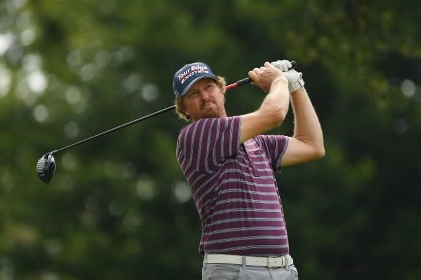 Tim Petrovic plays his tee shot from the ninth hole during the first round of the U.S. Senior Open Championship at the Omaha Country Club on July 08,...