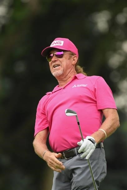 Miguel Angel Jimenez of Spain plays his tee shot from the fourth tee during the first round of the U.S. Senior Open Championship at the Omaha Country...