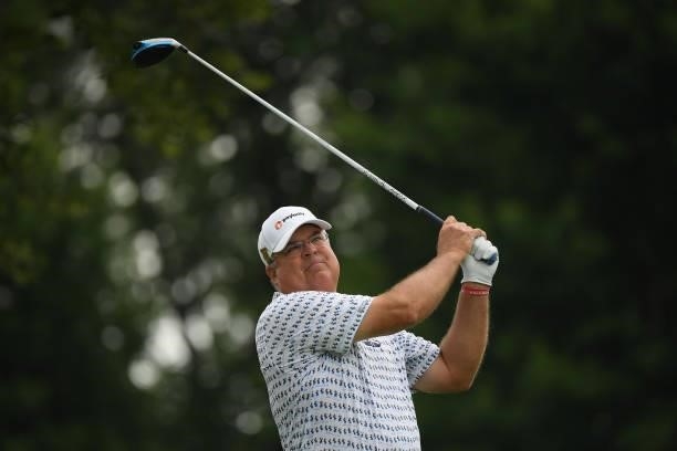 Kenny Perry plays his shot from the fourth tee during the first round of the U.S. Senior Open Championship at the Omaha Country Club on July 08, 2021...