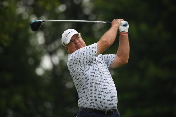 Kenny Perry plays his shot from the fourth tee during the first round of the U.S. Senior Open Championship at the Omaha Country Club on July 08, 2021...
