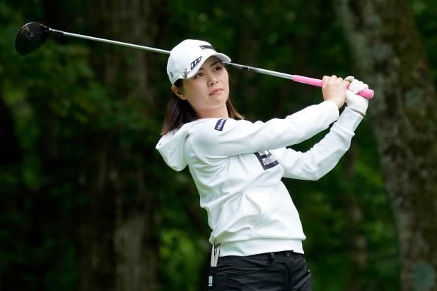 Hina Arakaki of Japan hits her tee shot on the 3rd hole during the second round of the Nipponham Ladies Classic at Katsura Golf Club on July 09, 2021...