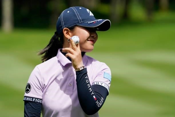 Yuri Yoshida of Japan celebrates after making her birdie putt on the 11th hole during the second round of the Nipponham Ladies Classic at Katsura...