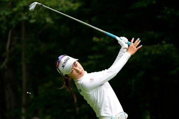 Yuka Yasuda of Japan hits her tee shot on the 11th hole during the second round of the Nipponham Ladies Classic at Katsura Golf Club on July 09, 2021...