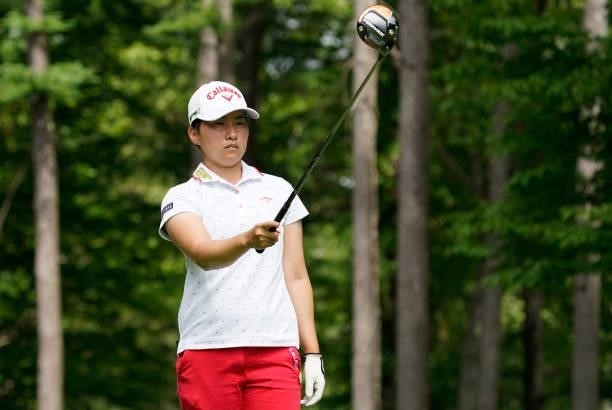 Seira Oki of Japan hits her tee shot on the 18th hole during the second round of the Nipponham Ladies Classic at Katsura Golf Club on July 09, 2021...