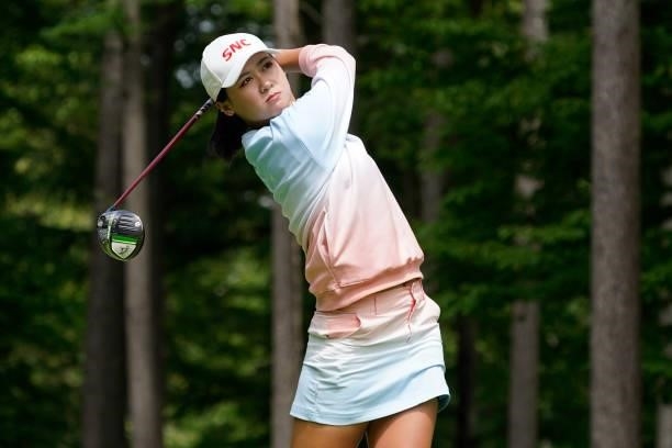 Nook Sukapan of Thailand hits her tee shot on the 18th hole during the second round of the Nipponham Ladies Classic at Katsura Golf Club on July 09,...