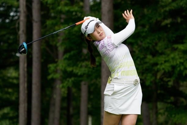 Aya Tamura of Japan hits her tee shot on the 18th hole during the second round of the Nipponham Ladies Classic at Katsura Golf Club on July 09, 2021...