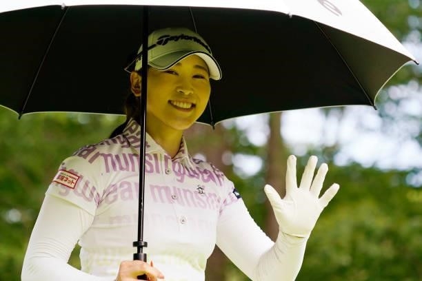 Aya Tamura of Japan smiles during the second round of the Nipponham Ladies Classic at Katsura Golf Club on July 09, 2021 in Tomakomai, Hokkaido,...