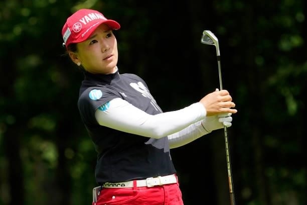 Chie Arimura of Japan hits her tee shot on the 11th hole during the second round of the Nipponham Ladies Classic at Katsura Golf Club on July 09,...