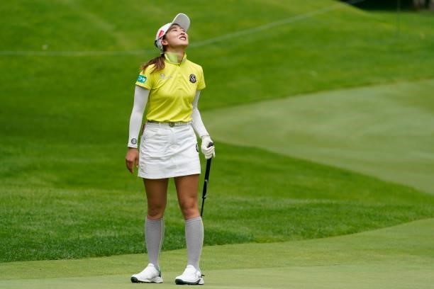 Rei Matsuda of Japan reacts during the second round of the Nipponham Ladies Classic at Katsura Golf Club on July 09, 2021 in Tomakomai, Hokkaido,...