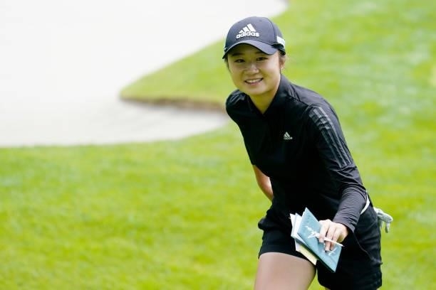 Haruka Morita of japan smiles during the second round of the Nipponham Ladies Classic at Katsura Golf Club on July 09, 2021 in Tomakomai, Hokkaido,...