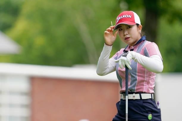 Kotoko Uchida of Japan reacts during the second round of the Nipponham Ladies Classic at Katsura Golf Club on July 09, 2021 in Tomakomai, Hokkaido,...