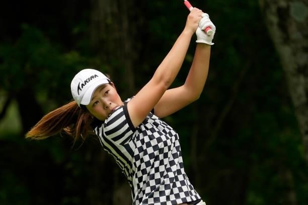 Juri Matsumoto of Japan hits her tee shot on the 3rd hole during the second round of the Nipponham Ladies Classic at Katsura Golf Club on July 09,...