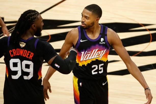 Mikal Bridges of the Phoenix Suns celebrates with Jae Crowder following game two of the NBA Finals against the Milwaukee Bucks at Phoenix Suns Arena...