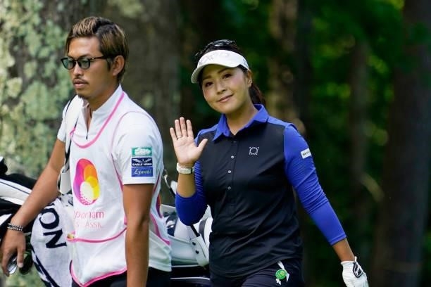 Serena Aoki of Japan smiles during the second round of the Nipponham Ladies Classic at Katsura Golf Club on July 09, 2021 in Tomakomai, Hokkaido,...