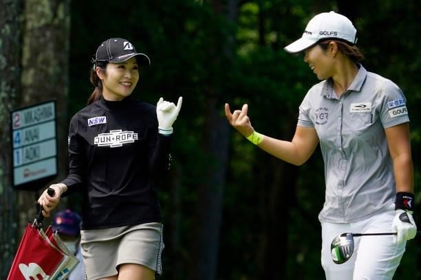 Kana Mikashima of Japan and Lala Anai of Japan smile during the second round of the Nipponham Ladies Classic at Katsura Golf Club on July 09, 2021 in...