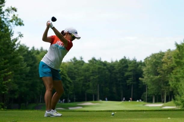 Mika Miyazato of Japan hits her tee shot on the 5th hole during the second round of the Nipponham Ladies Classic at Katsura Golf Club on July 09,...