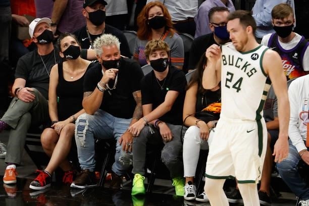 Television personality Guy Fieri attends game two of the NBA Finals between the Phoenix Suns and the Milwaukee Bucks at Phoenix Suns Arena on July...