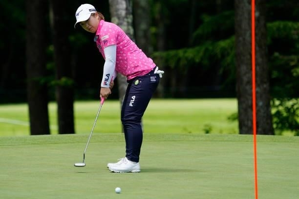 Mao Saigo of Japan putts on the 2nd hole during the second round of the Nipponham Ladies Classic at Katsura Golf Club on July 09, 2021 in Tomakomai,...