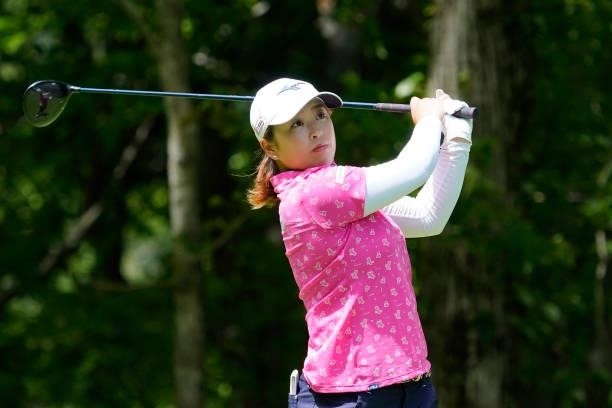 Mao Saigo of Japan hits her tee shot on the 3rd hole during the second round of the Nipponham Ladies Classic at Katsura Golf Club on July 09, 2021 in...