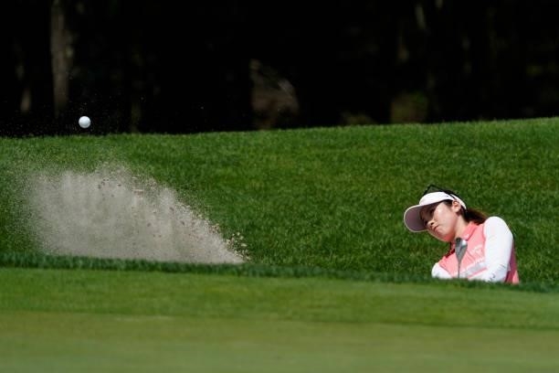Yuna Nishimura of Japan hits from a bunker on the 2nd hole during the second round of the Nipponham Ladies Classic at Katsura Golf Club on July 09,...