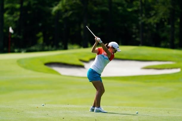Mika Miyazato of Japan hits her second shot on the 4th hole during the second round of the Nipponham Ladies Classic at Katsura Golf Club on July 09,...