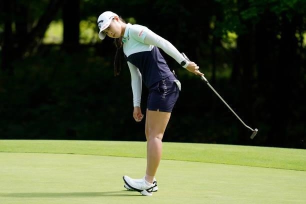 Asuka Kashiwabara of Japan putts on the 4th hole during the second round of the Nipponham Ladies Classic at Katsura Golf Club on July 09, 2021 in...