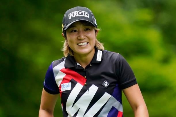 Asako Fujimoto of Japan smiles during the second round of the Nipponham Ladies Classic at Katsura Golf Club on July 09, 2021 in Tomakomai, Hokkaido,...