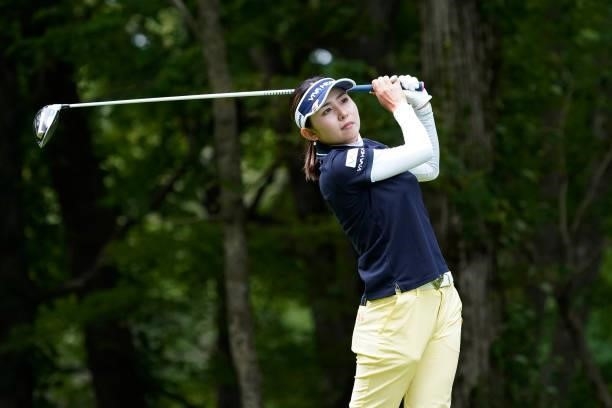 Aya Ezawa of Japan hits her tee shot on the 3rd hole during the second round of the Nipponham Ladies Classic at Katsura Golf Club on July 09, 2021 in...
