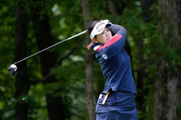 Ayaka Morioka of Japan hits her tee shot on the 3rd hole during the second round of the Nipponham Ladies Classic at Katsura Golf Club on July 09,...