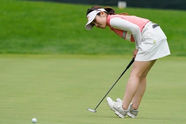 Yuna Nishimura of Japan putts on the 18th hole during the second round of the Nipponham Ladies Classic at Katsura Golf Club on July 09, 2021 in...