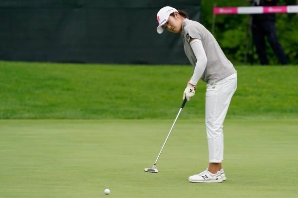 Mone Inami of Japan putts on the 18th hole during the second round of the Nipponham Ladies Classic at Katsura Golf Club on July 09, 2021 in...