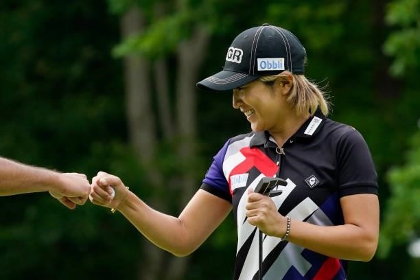 Asako Fujimoto of Japan reacts during the second round of the Nipponham Ladies Classic at Katsura Golf Club on July 09, 2021 in Tomakomai, Hokkaido,...
