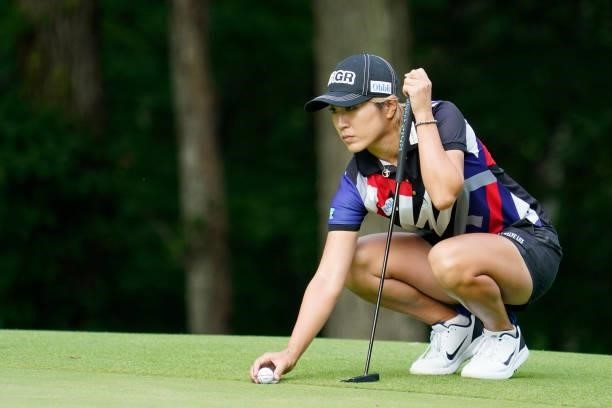 Asako Fujimoto of Japan putts on the 9th hole during the second round of the Nipponham Ladies Classic at Katsura Golf Club on July 09, 2021 in...