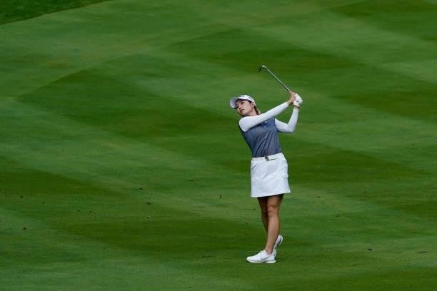 Akira Yamaji of Japan hits her second shot on the 17th hole during the second round of the Nipponham Ladies Classic at Katsura Golf Club on July 09,...
