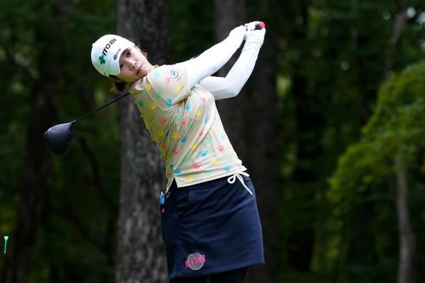 Mayu Hamada of Japan hits her tee shot on the 3rd hole during the second round of the Nipponham Ladies Classic at Katsura Golf Club on July 09, 2021...