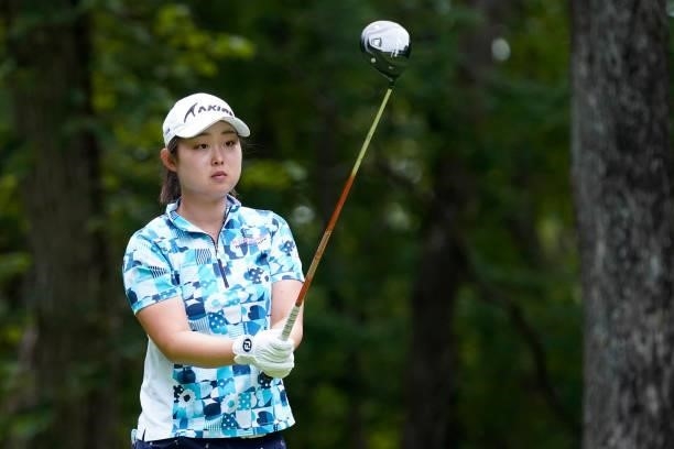 Mio Kotaki of Japan hits her tee shot on the 3rd hole during the second round of the Nipponham Ladies Classic at Katsura Golf Club on July 09, 2021...