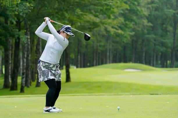 Saki Takeo of Japan hits her tee shot on the 1st hole during the second round of the Nipponham Ladies Classic at Katsura Golf Club on July 09, 2021...