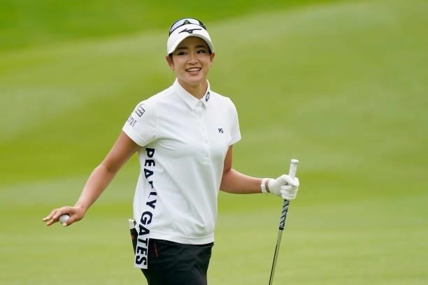 Erika Hara of Japan celebrates after chipping in her third shot on the 18th hole during the second round of the Nipponham Ladies Classic at Katsura...
