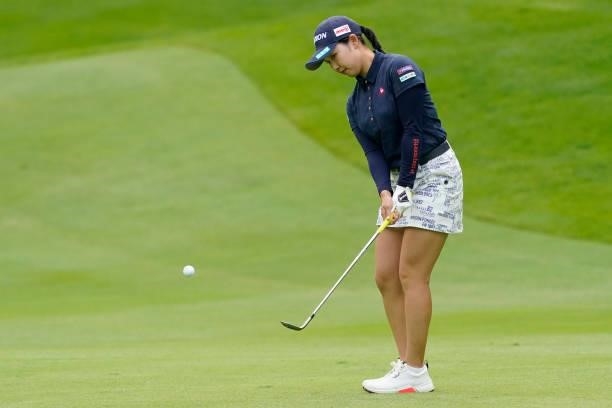 Sakura Koiwai of Japan chips on the 18th hole during the second round of the Nipponham Ladies Classic at Katsura Golf Club on July 09, 2021 in...