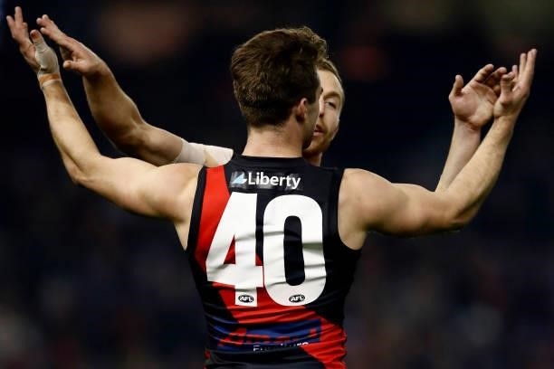 Will Snelling of the Bombers celebrates a goal during the round 17 AFL match between Essendon Bombers and Adelaide Crows at Marvel Stadium on July...