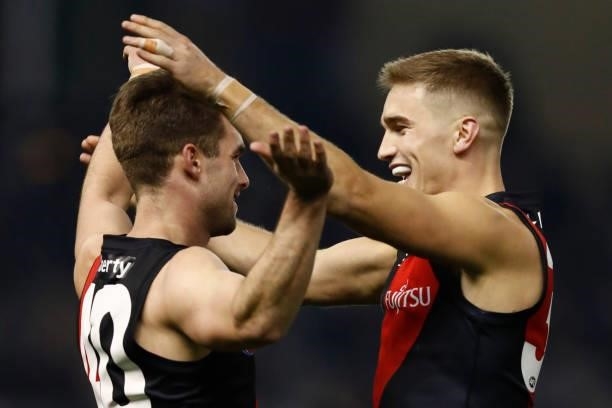 Will Snelling of the Bombers celebrates a goal with team mate Matt Guelfi during the round 17 AFL match between Essendon Bombers and Adelaide Crows...