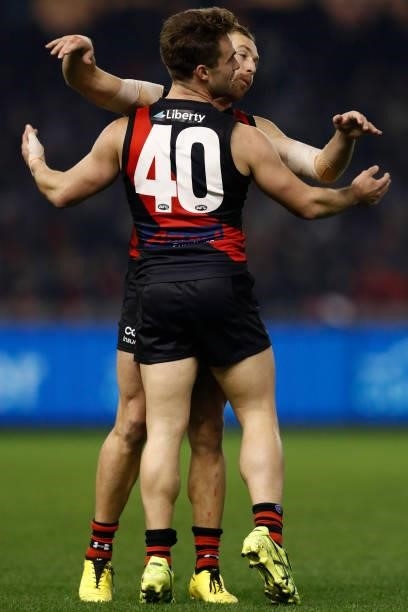 Will Snelling of the Bombers celebrates a goal during the round 17 AFL match between Essendon Bombers and Adelaide Crows at Marvel Stadium on July...